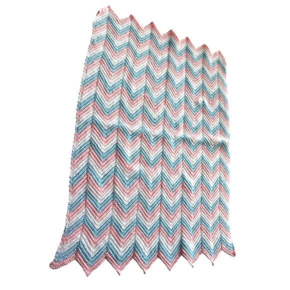 Handmade Baby Blanket Infant Hand Knitted Chevron Pattern Blue Pink Blue Unisex - Picture 4 of 4